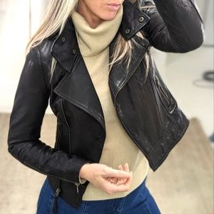 Mackage Black Leather Moto Jacket with Cream Turtleneck Layer